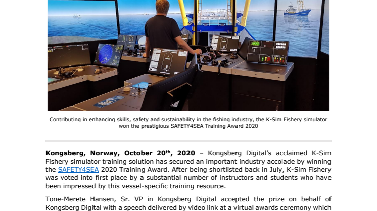 Kongsberg Digital’s K-Sim® Fishery simulator wins the coveted SAFETY4SEA 2020 Training Award