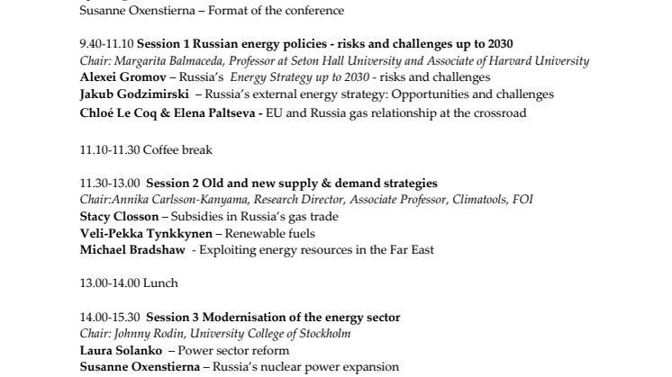 Program - Forskarkonferens 24 maj om Rysk energipolitik och dess säkerhetspolitiska konsekvenser