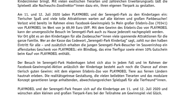 Tierischer Spaß und affenstarke Aktionen: PLAYMOBIL und der Serengeti-Park laden zu den Kindertagen ein