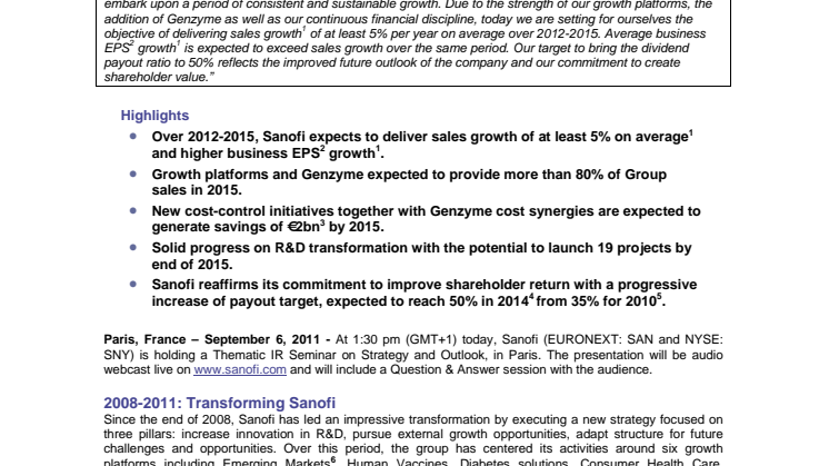 Sanofi Announces New Long Term Objectives