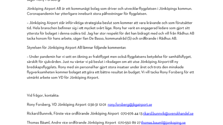 Rony Forsberg slutar som vd för Jönköping Airport