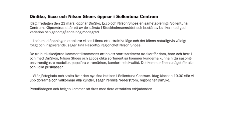 DinSko, Ecco och Nilson Shoes öppnar i Sollentuna Centrum