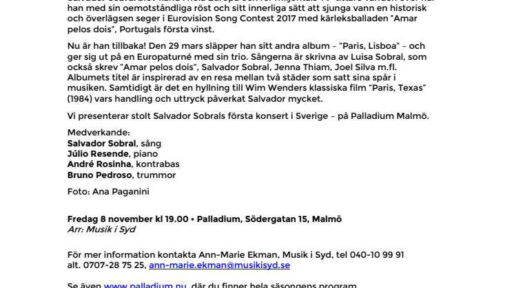 Salvador Sobral till Palladium Malmö 8 november – första spelningen i Sverige!
