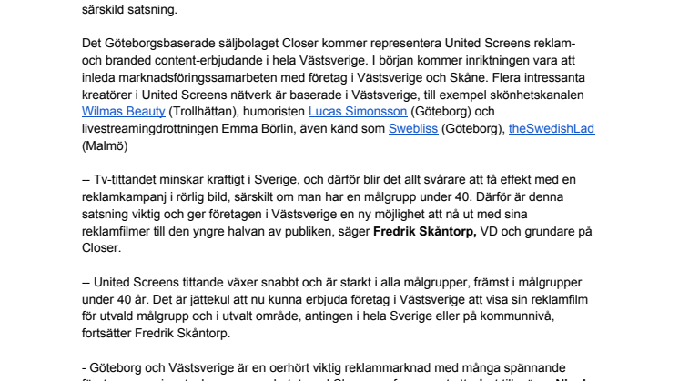 United Screens lanserar lokalreklam -- start i Västsverige