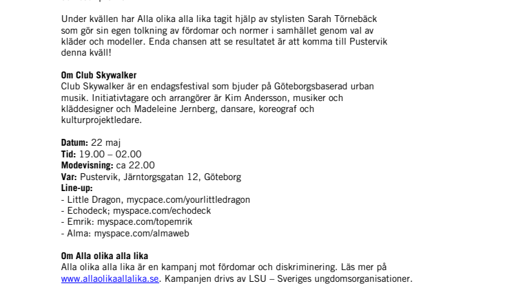 Modevisning med Alla olika alla lika på Club Skywalker 22 maj i Göteborg