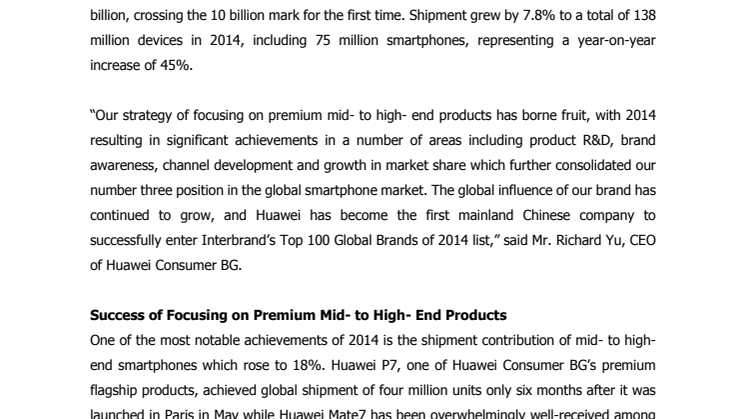 ​Huawei Consumer Business Group ökade försäljningen med 30 procent under 2014