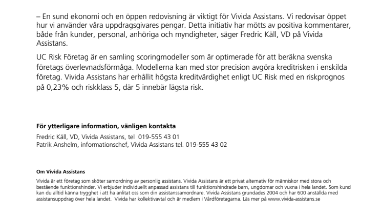 Vivida Assistans erhåller högsta kreditvärdighet