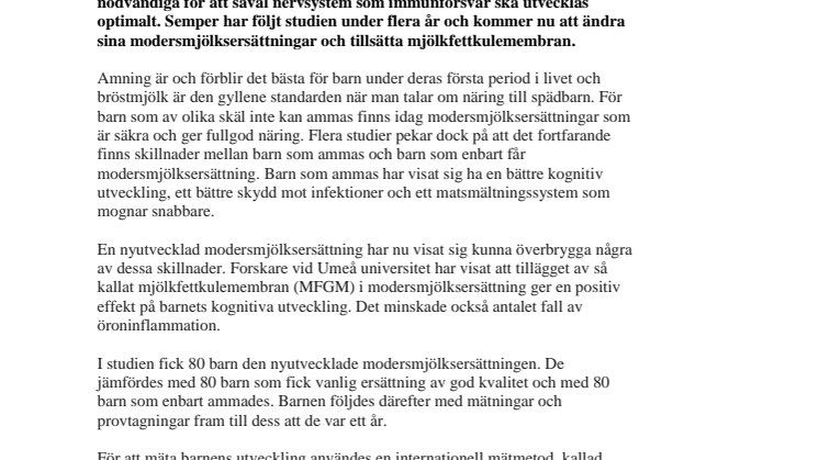 Nya rön om modersmjölksersättning kan ge bättre hälsa och utveckling hos spädbarn