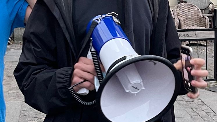 Magnus Bjerg Sturm, kampanjledare SSU, som störde ordningen när Joakim Lamotte besökte Lund. Foto: Victoria Tiblom