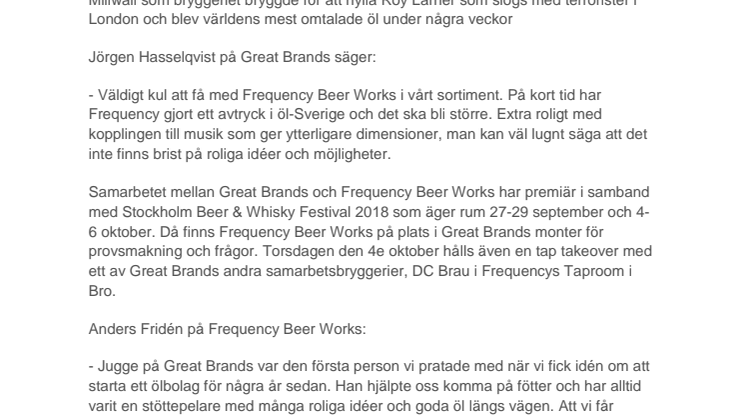 Great Brands AB tar över distributionen av prisbelönade Frequency Beer Works