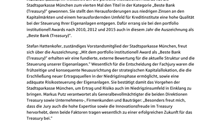 Stadtsparkasse München erhält portfolio institutionell Award 2018 in der Kategorie „Beste Bank (Treasury)“