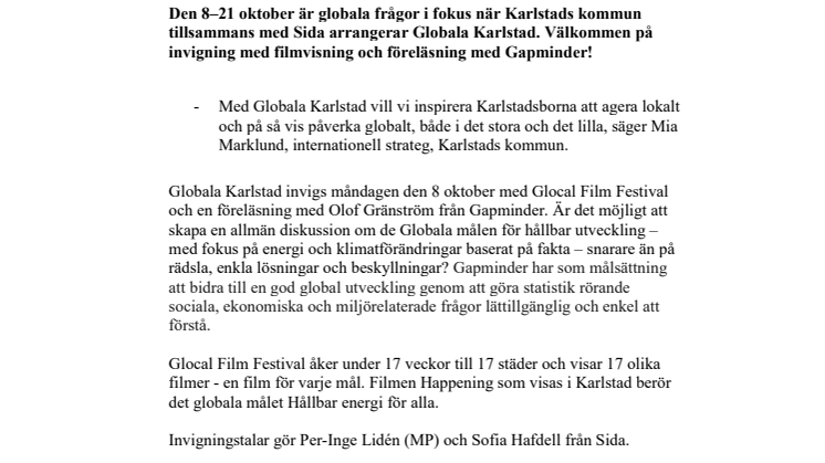 Globala Karlstad invigs med Glocal Film Festival och föreläsning med Gapminder