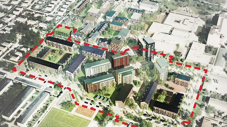 Området i Bäckby som omfattas av detaljplaneförslaget. Illustration: FOJAB arkitekter.