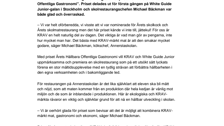 KRAV-märkt skolkök får priset Årets Hållbara Offentliga Gastronomi