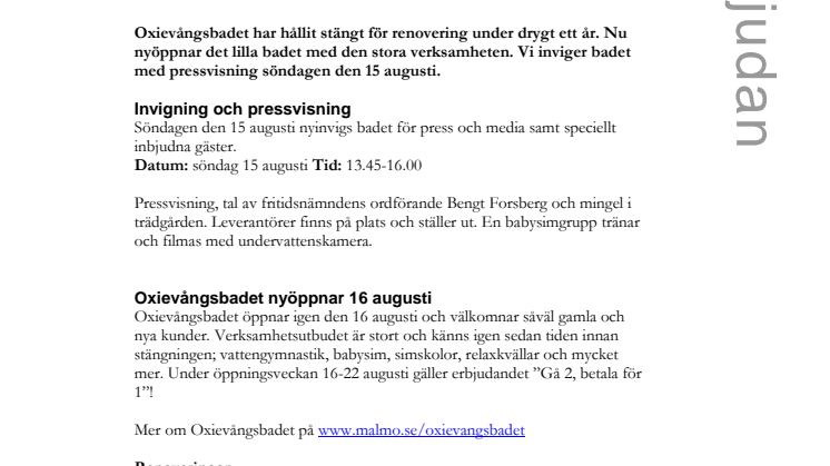 Oxievångsbadet i Malmö nyöppnar 16 augusti