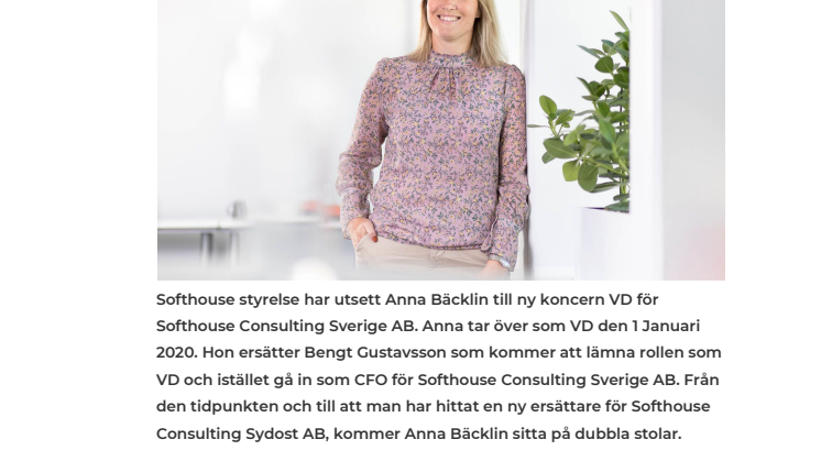 ​Softhouse utser Anna Bäcklin till ny koncern VD​