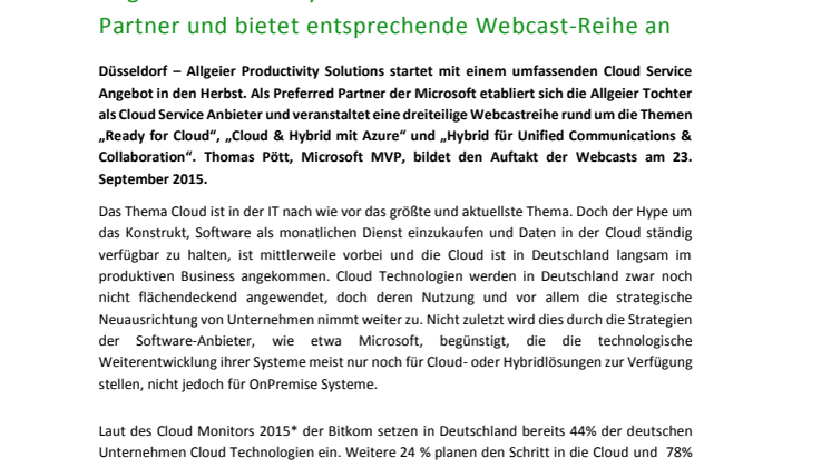 Allgeier Productivity Solutions etabliert sich als Cloud Partner und bietet entsprechende Webcast-Reihe an