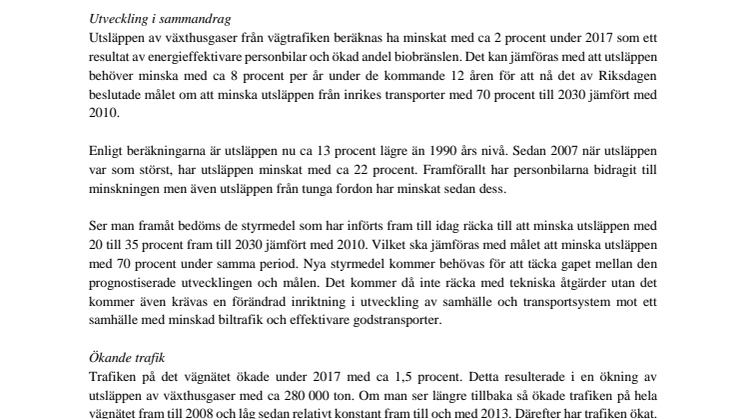 Vägtrafikens utsläpp, PM av Trafikverket, 180225 (852 kB, pdf-fil)