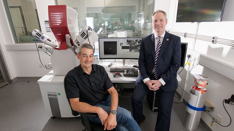 Professor Guillaume Zoppi and Professor John Woodward are pictured in the Materials Characterisation Suite at Northumbria University.