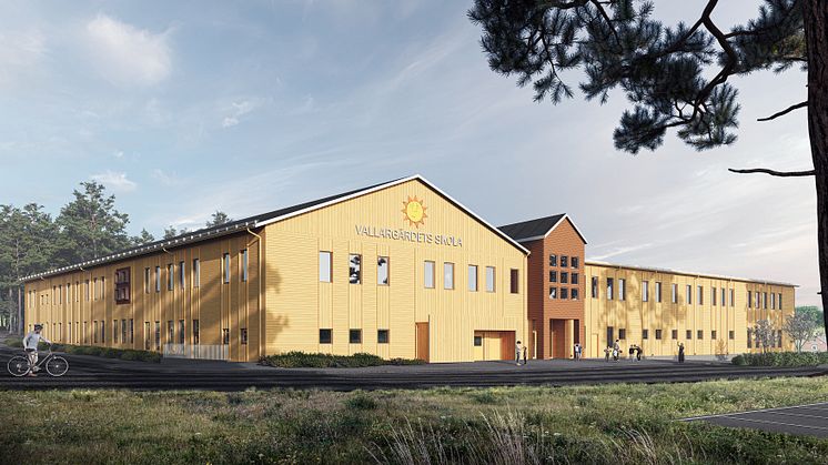 Bilden visar hur Vallargärdets nya skola med integrerad idrottshall ska se ut när det är färdigbyggt. Bild: Sweco.
