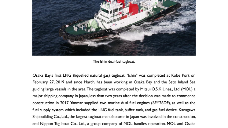 "Ishin" Tugboat Equipped with Yanmar Dual Fuel Engine for Reduced Environmental Load