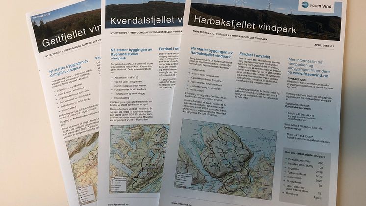Tre nyhetsbrev på vei til naboer av Geitfjellet, Harbaksfjellet og  Kveddalsfjellet vindparker
