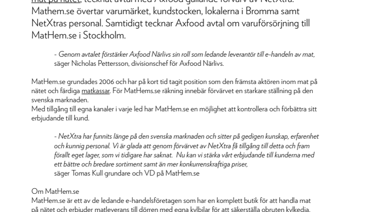 MatHem.se köper NetXtra av Axfood