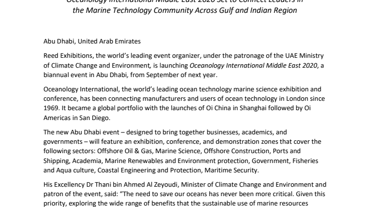 Reed Exhibitions to Bring Established Ocean Event to Abu Dhabi, under the Patronage of the UAE Ministry of Climate Change and Environment