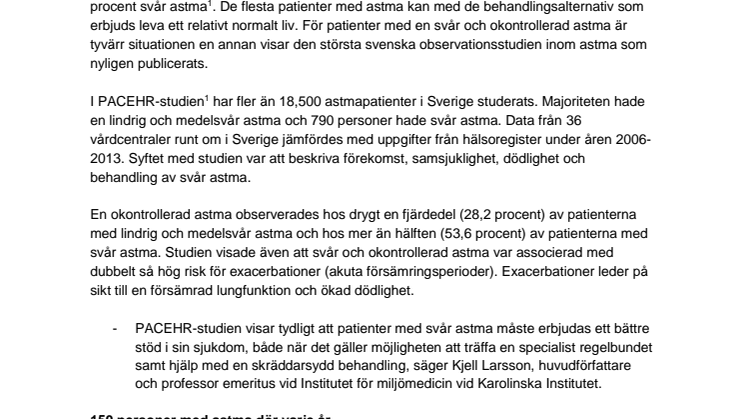 Ny studie: Patienter med svår astma träffar sällan en läkare trots att varannan patient har en okontrollerad sjukdom