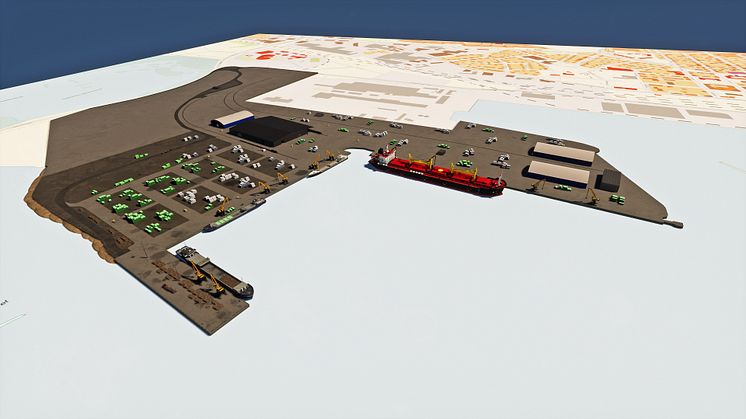Så här kommer Farehamnen i Varberg att se ut när utbyggnaden med en ny kaj och en ny pir står klar 2024. Kajen med det röda fartyget finns redan i dag. Bild: Varbergs kommun