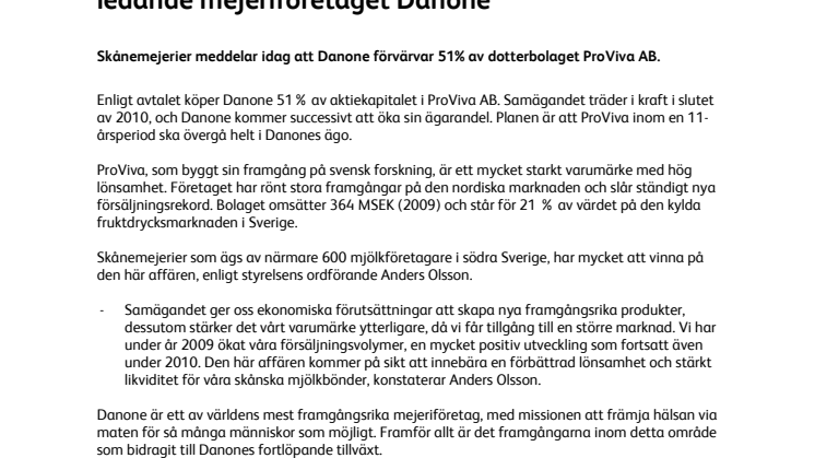 Skånemejerier bildar joint venture med världsledande mejeriföretaget Danone