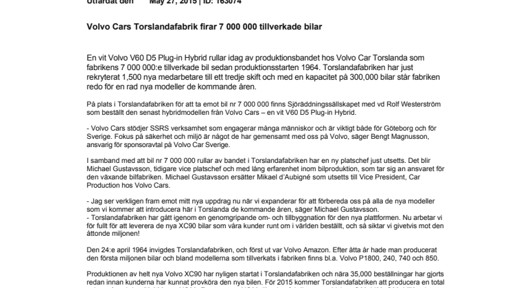 Volvo Cars Torslandafabrik firar 7 000 000 tillverkade bilar