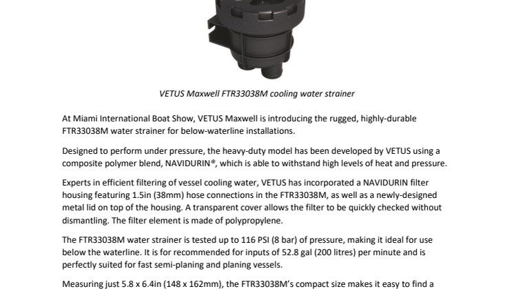 VETUS Maxwell Introduces New FTR33038M Durable Water Strainer