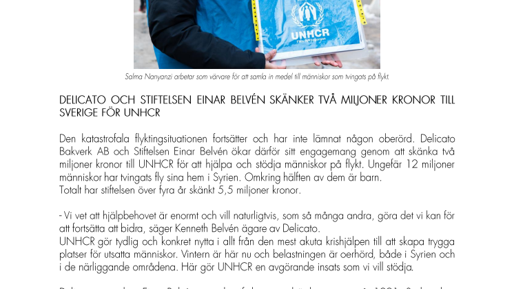 DELICATO OCH STIFTELSEN EINAR BELVÉN SKÄNKER TVÅ MILJONER KRONOR TILL SVERIGE FÖR UNHCR