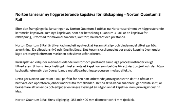 Norton lanserar ny högpresterande kapskiva för rälskapning - Norton Quantum 3 Rail