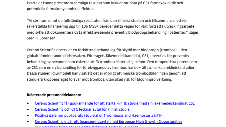 Cereno Scientific meddelar att första kliniska studien med CS1 är avslutad