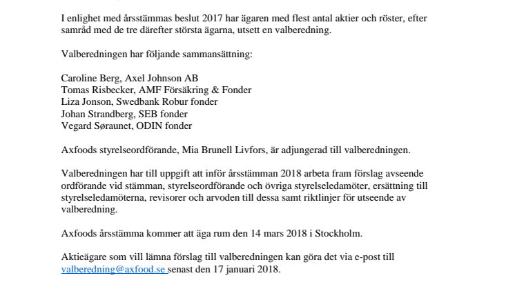 Valberedning inför Axfoods årsstämma 2018