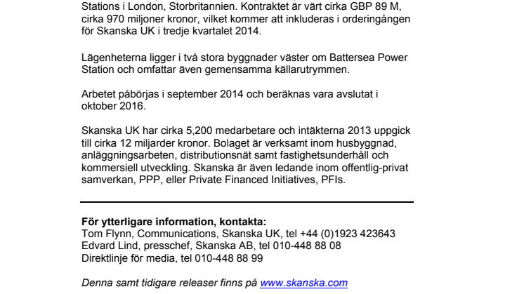 Skanska tecknar kontrakt om arbete på bostadsprojekt vid Battersea Power Stations i Storbritannien, värt cirka 970 miljoner kronor