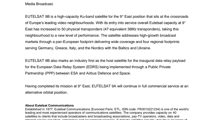 EUTELSAT 9B satellite gets to work