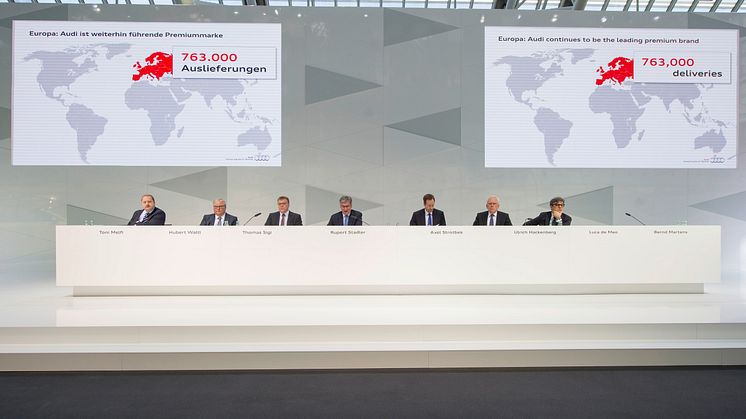 Audi AG Annual Press Conference 2015 - Melfi, Communications; Waltl, Production; Sigi, HR; Stadler, Chairman; Strotbek, Finance and Organization; Hackenberg, Technical Development; de Meo, Sales and Marketing