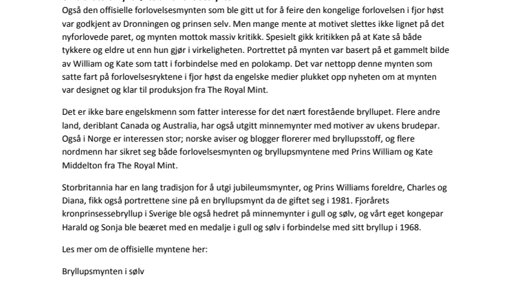William og Kate på offisielle minnemynter 