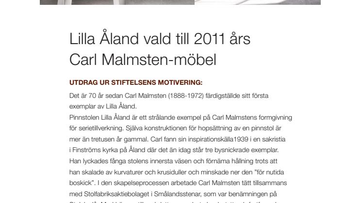 LIlla Åland från Stolab vald till Årets Carl Malmsten-möbel