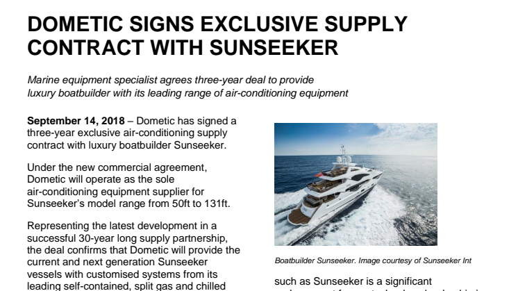 Dometic Signs Exclusive Supply Contract with Sunseeker