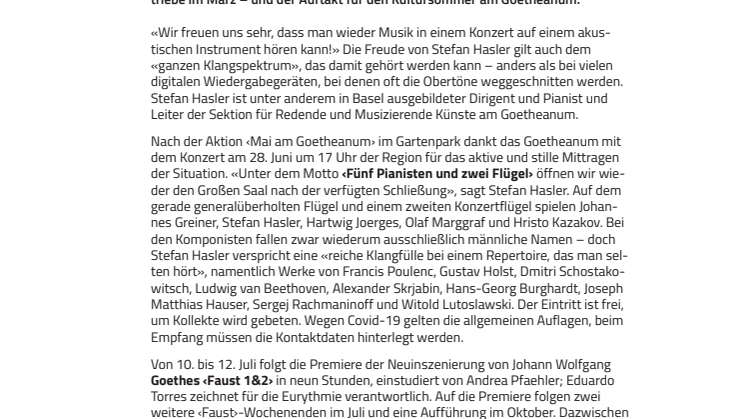 Feierliche Wiedereröffnung des Goetheanum mit einem Klavierkonzert: Kultursommer am Goetheanum 