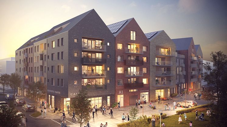 Visionsbild över Credentias bostadsrätter i kommande kvarter i Norrtälje Hamn. Lindberg Stenberg Arkitekter.