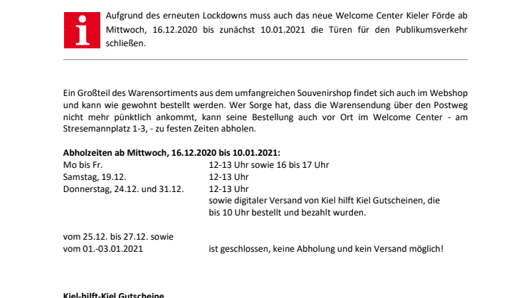 Welcome Center Kieler Förde bietet ab sofort Abholservice neben dem Bestellversand
