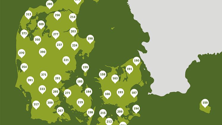 Oversigten viser akkumuleret data fra samtlige FieldSense-vejrstationer i Danmark fra 1. marts til 1. august 2020. Hver nål er baseret på data-gennemsnittet fra alle vejrstationer inden for en radius af 25 km for nedbør målt i millimeter.