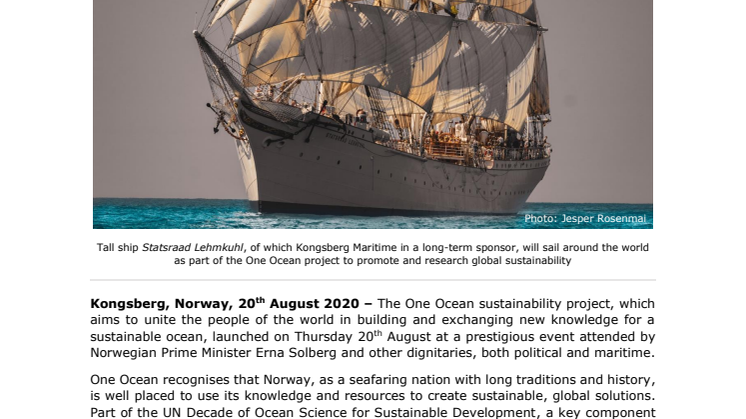 Kongsberg Maritime supports the One Ocean sustainability project and tall ship Statsraad Lehmkuhl