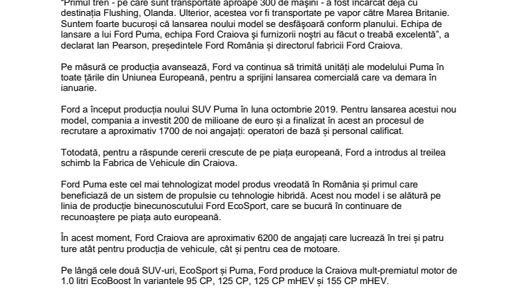 De Ziua Națională a României, primele unități Ford Puma produse la Craiova pleacă spre piețele europene