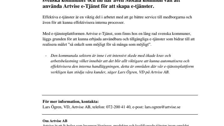 Motala kommun satsar på Artvise e-Tjänst!